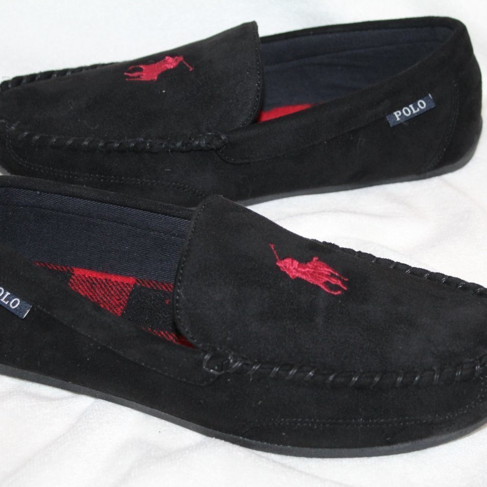 NIB MEN'S POLO RALPH LAUREN MEN'S LUXURY SLIPPERS BLACK RED - Picture 2 of 7